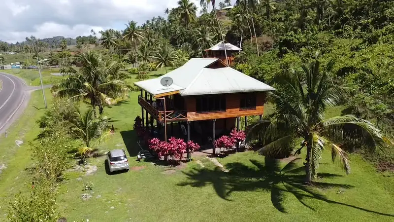 Aerial view of the house, lawn and palms