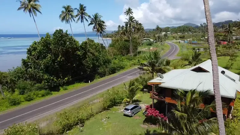 Aerial view of the coast road, palms and the house