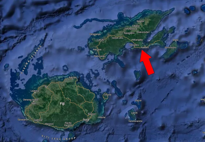 Satellite map of Fiji with an arrow marking Vanua Levu